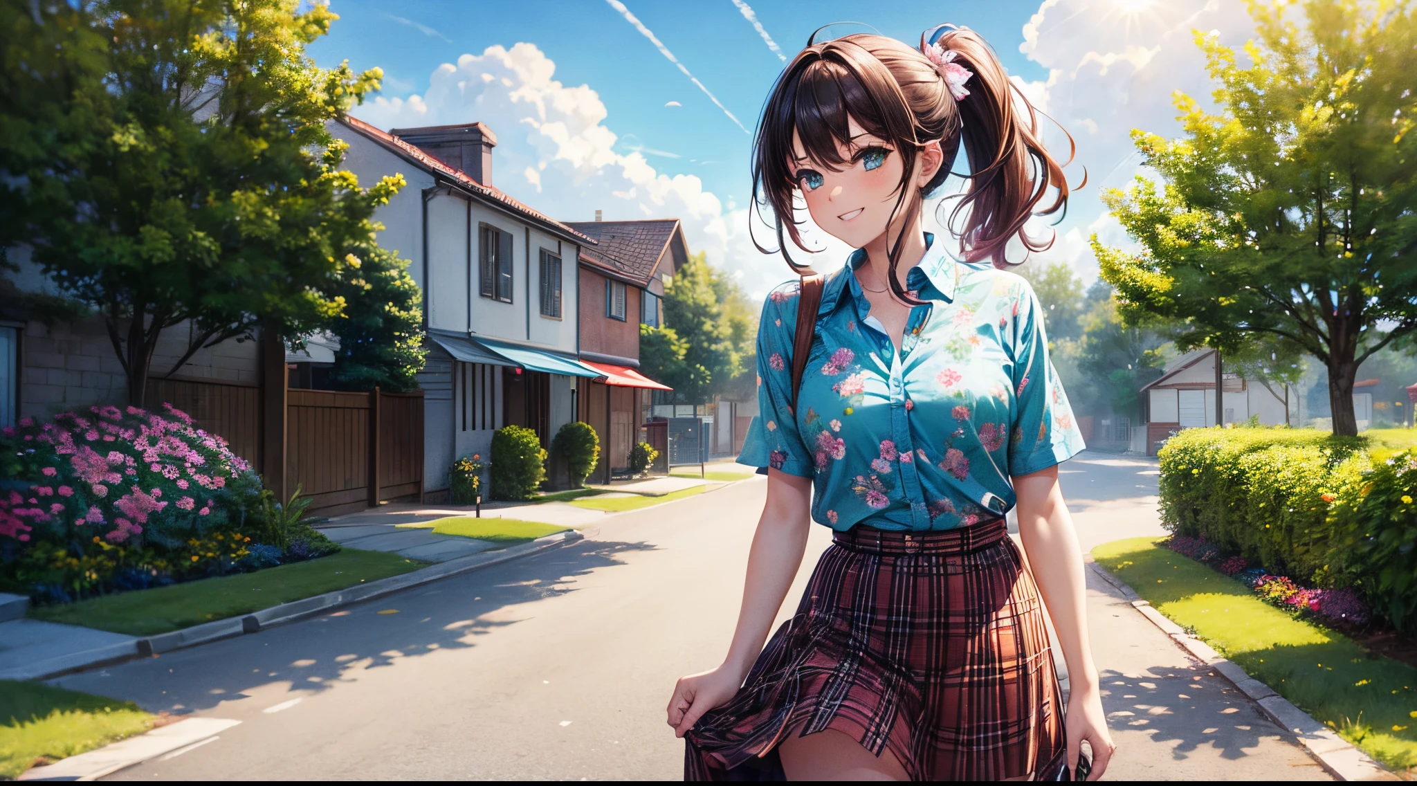 1girl, solo, summer, village, trees, sun, clouds, ((colorful hair)), ponytail, large breasts, button down, green eyes, ((floral pattern shirt)), ((unbuttoned shirt)), ((short sleeved shirt)), flowers on shirt, skirt, brown shoes, grin, looking at the viewer, standing, hair ribbon