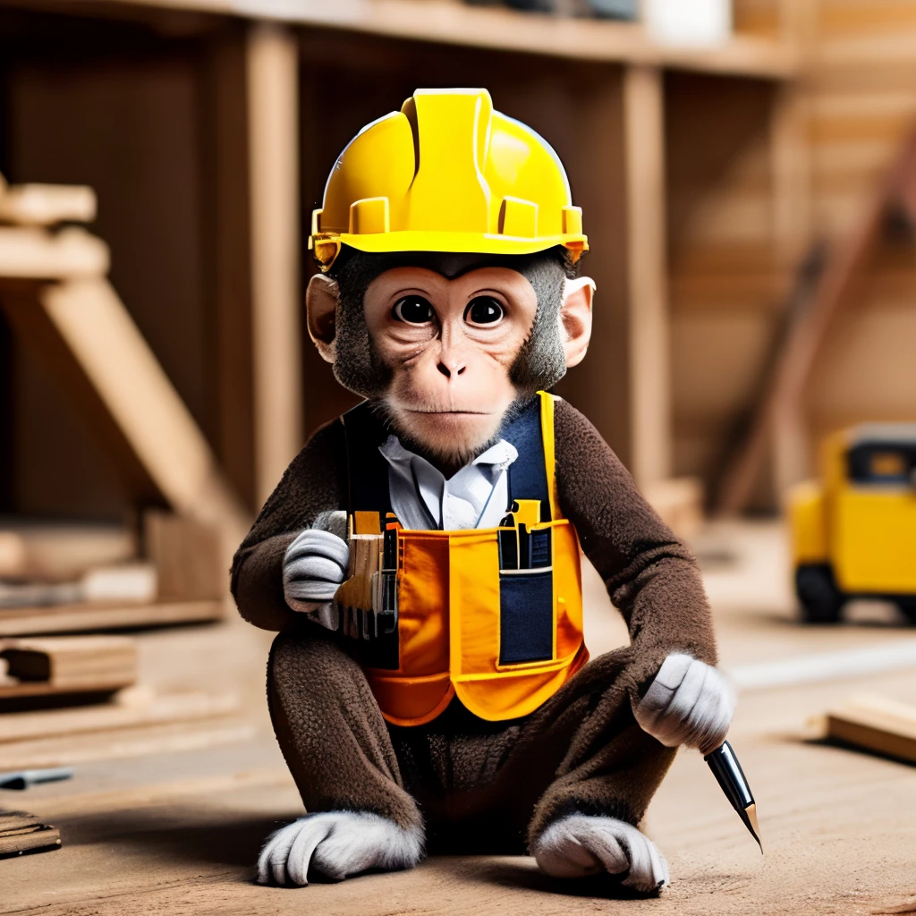 cute constructor monkey, using construction clothes, fantasy, with work tools, serious face