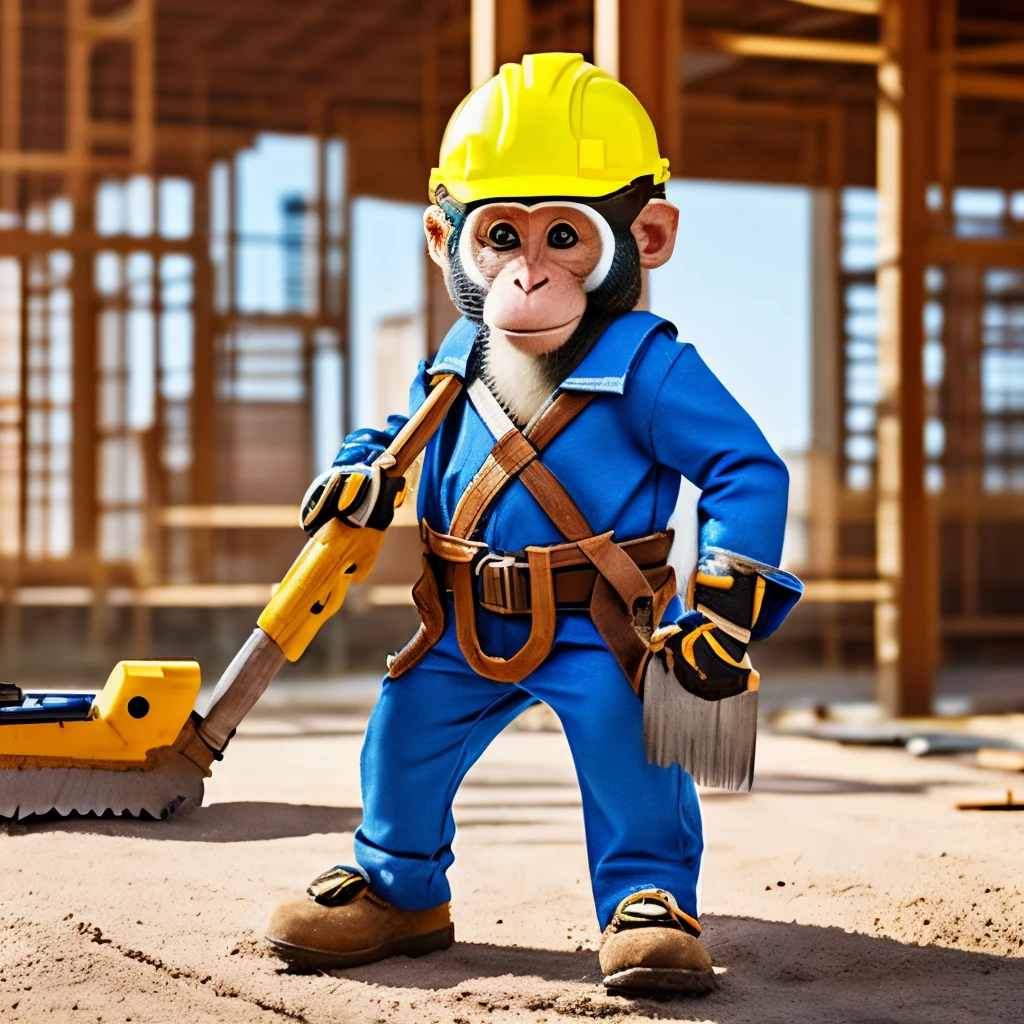 cute constructor monkey, using construction clothes, fantasy, with work tools, serious face
