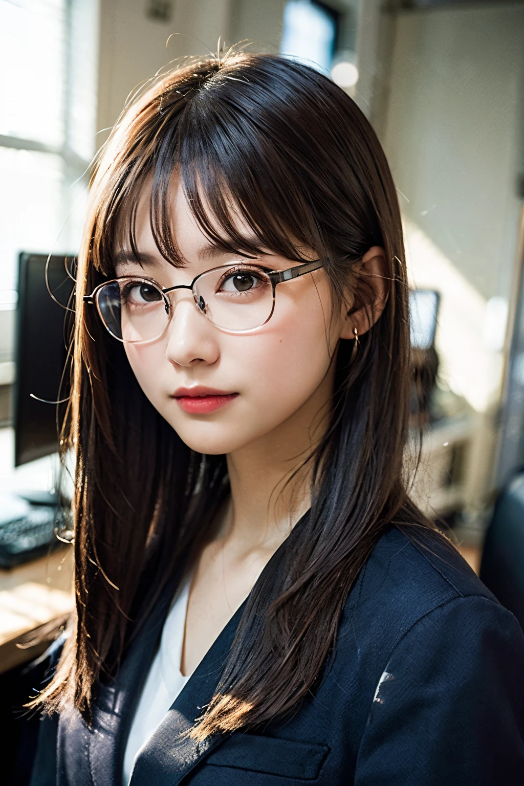 (8K、Raw photography、top-quality、​masterpiece:1.2)、(realisitic、Photorealsitic:1.37)、ultra-detailliert、超A high resolution、女の子1人、see the beholder、beautifull detailed face、A smile、Constriction、(Slim waist) :1.3)、length hair、Beautiful detailed skin、Skin Texture、Floating hair、Wearing a suit、Professional Lighting、Inside the office、Square glasses with black edging 、Whole human body、Brown hair