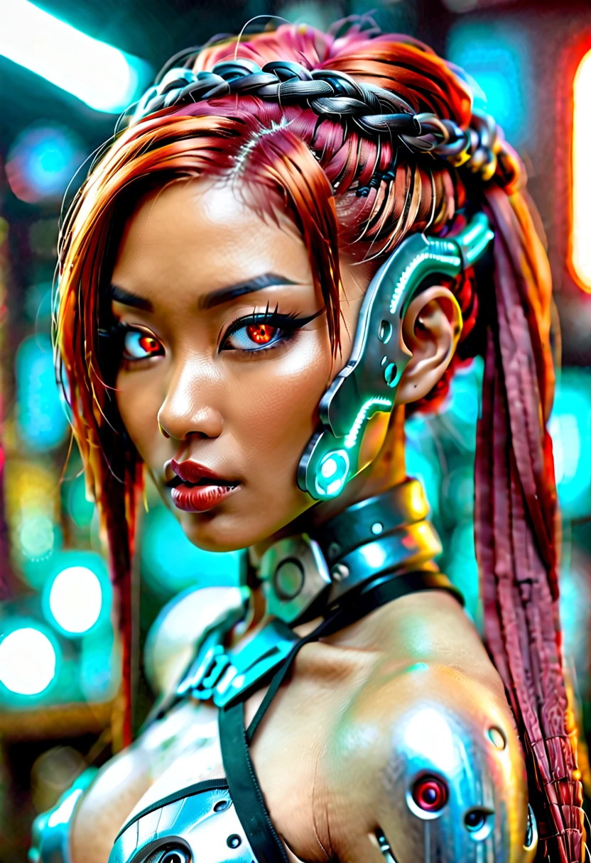 cyberpunk bar, sexy erotic Asian cyborg with braided metallic red hair and glowing eyes, best quality, super detailed, 16k, plastic sci-fi half mask over mouth