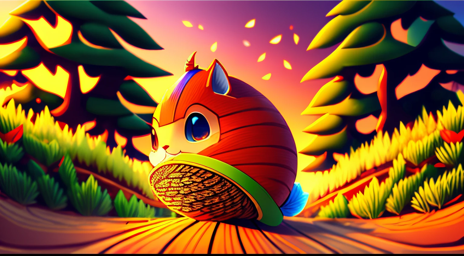 top quality Anime-style colored illustration of an anthropomorphic acorn rolling down a slope. enchanted forest on blurred background , Sunset, 3D, 4K, 32K, full HDR, Real image, By Sora