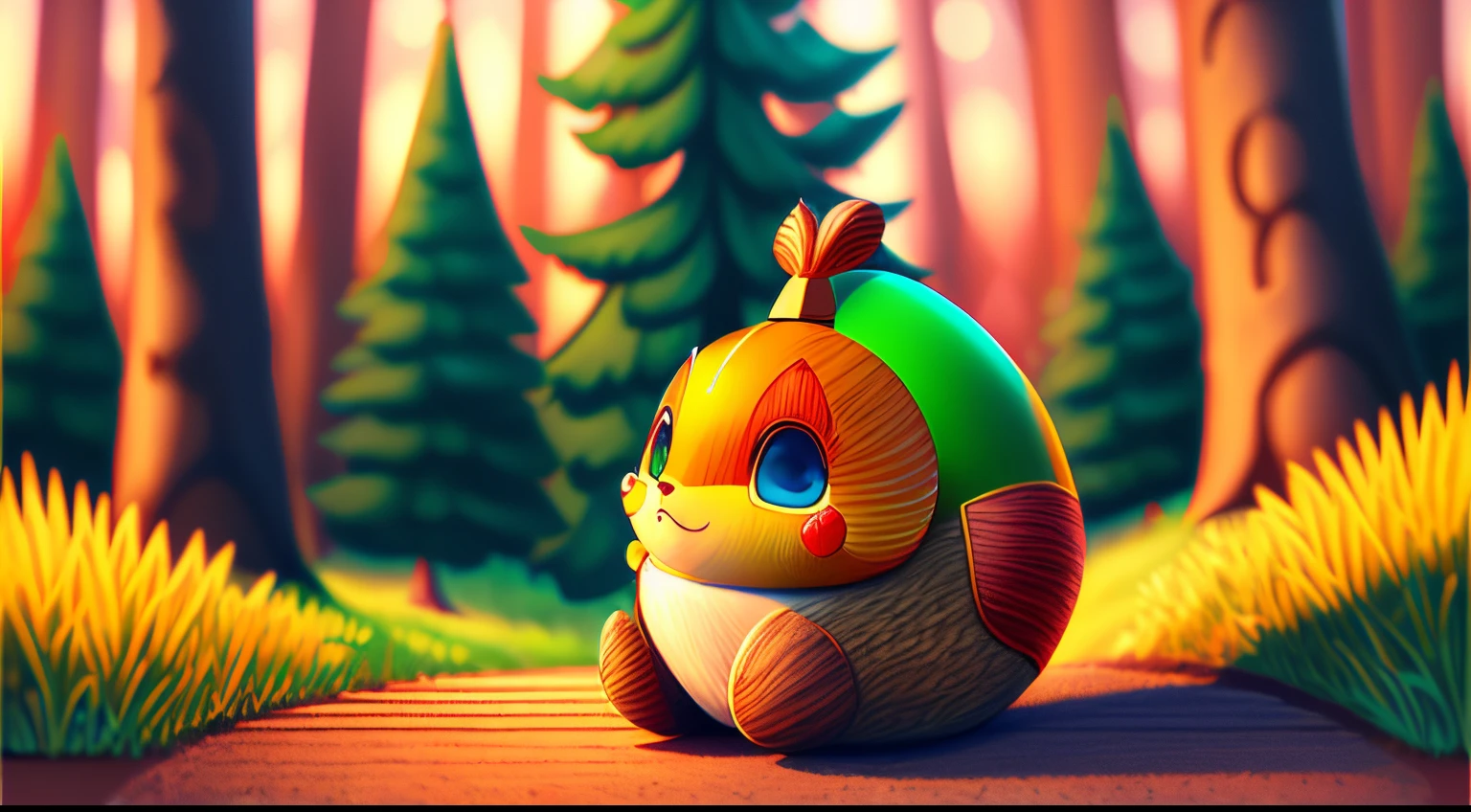 top quality Anime-style colored illustration of an anthropomorphic acorn rolling down a slope.  enchanted forest on blurred background , Sunset, 3D, 4K, 32K, full HDR, Real image, By Sora