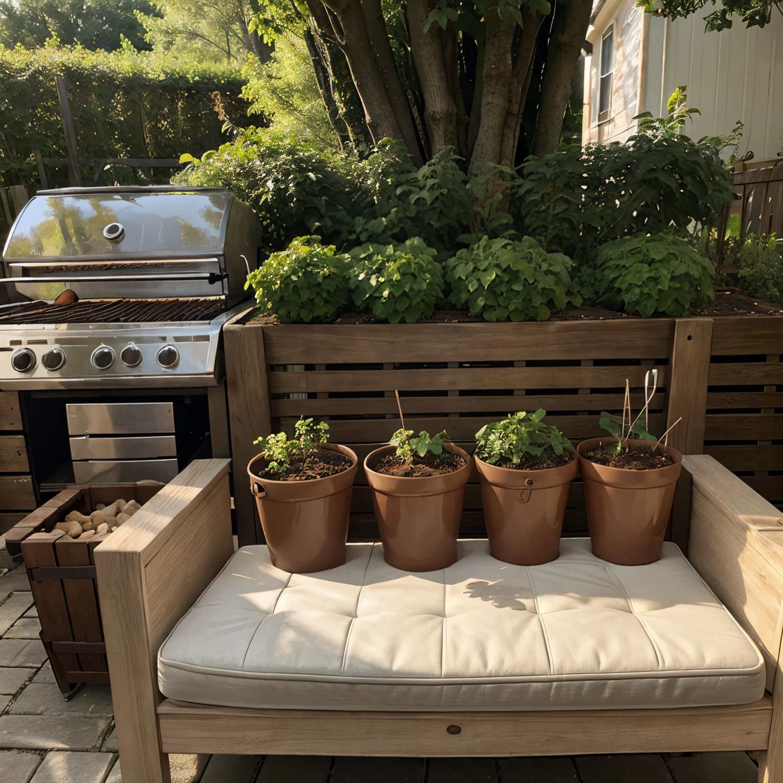 A group of pots that can be opened on a baby couch before a barbecue