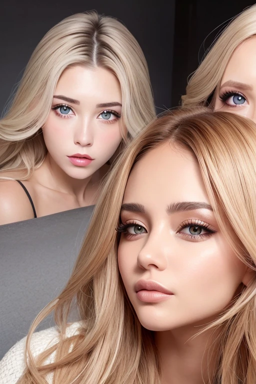 loira , olhos brilhantes azuis, cabelos longos, labios vermelhos