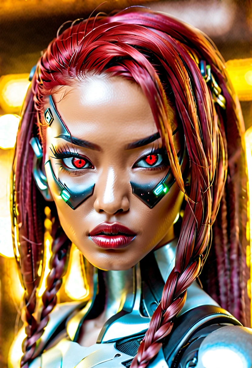 cyberpunk bar, sexy erotic Asian cyborg with braided metallic red hair and glowing eyes, best quality, super detailed, 16k, plastic sci-fi half mask only over mouth