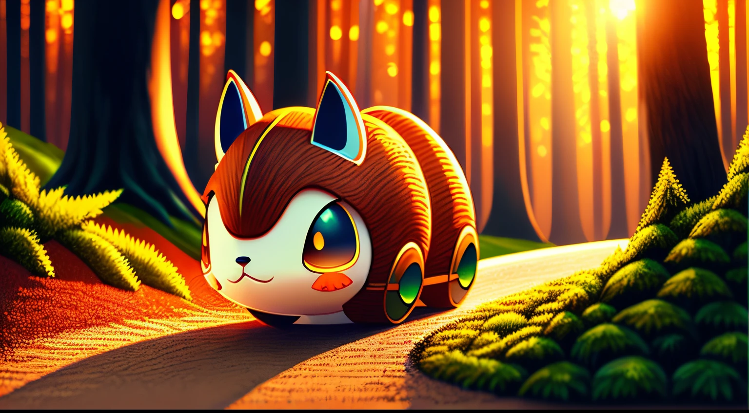 top quality Anime-style colored illustration of an anthropomorphic acorn rolling down a slope.  enchanted forest on blurred background , Sunset, 3D, 4K, 32K, full HDR, Real image, By Sora