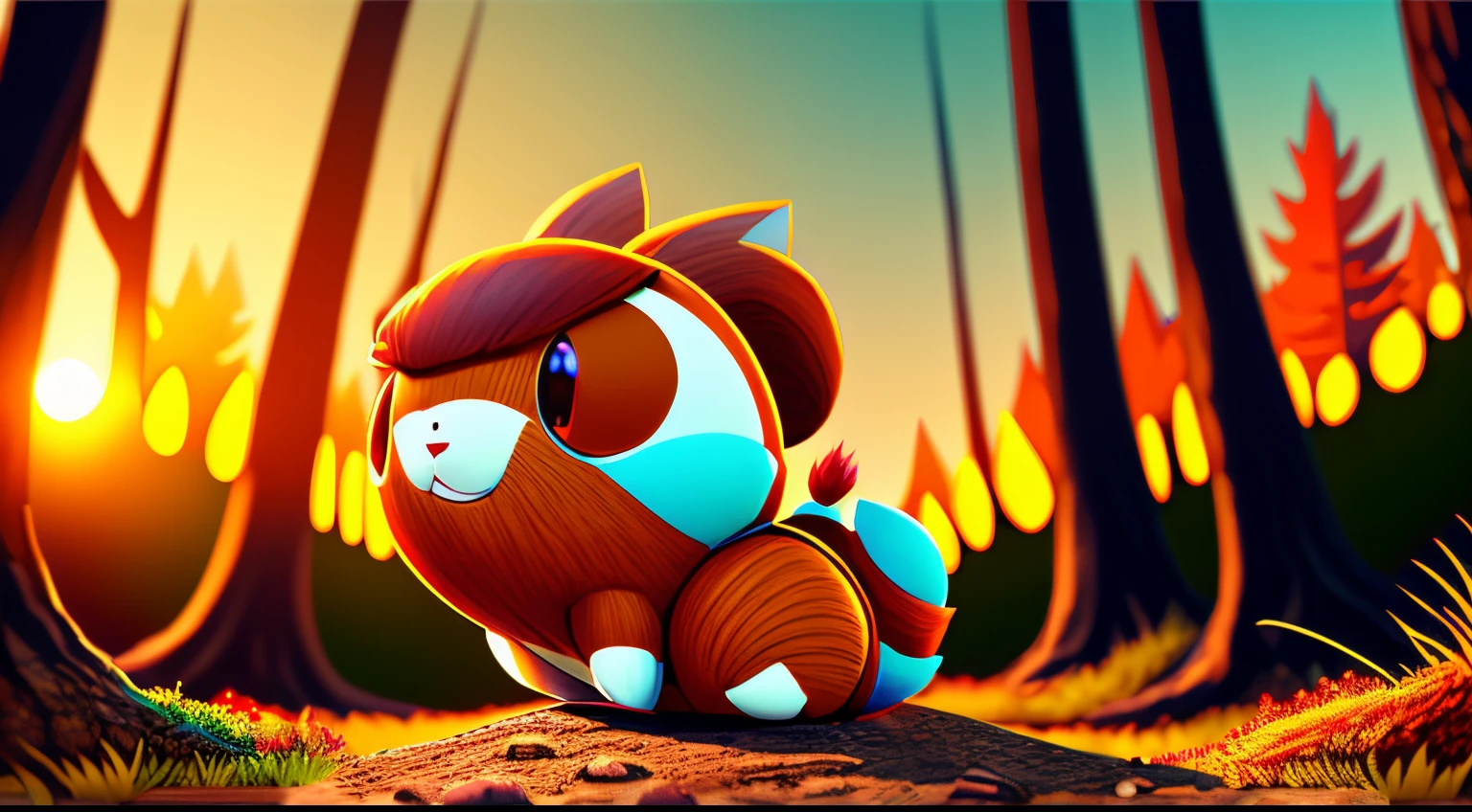 top quality Anime-style colored illustration of an anthropomorphic acorn rolling down a slope. enchanted forest on blurred background , Sunset, 3D, 4K, 32K, full HDR, Real image, By Sora