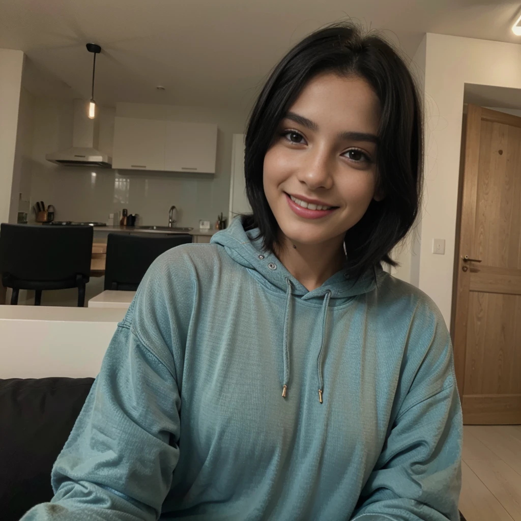 28 years Italian model, 8k, wearing felpa lunga, black hair, selfie iPhone 14, at home, imperfect skin, magnetic face, 8k, iper realism, smiling.