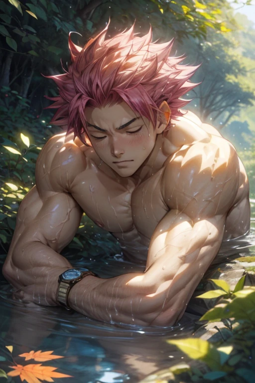 (nature, landscapes outdoors),(anime fantasy,Romance,art),(best quality,highres),(bright colors,vibrant colors),(realistic), muscular fit Natsu Dragneel lies on the ground, surrounded by a beautiful carpet of maple leaves, with honey delicately drizzled across his body. His sturdy frame exudes strength and power, showcasing his well-defined muscles and rippling physique. Natsu rests peacefully, his eyes softly closed as he drifts into a serene slumber. In his hand, he holds a wristwatch, symbolizing the passage of time while he peacefully dozes off amidst the lush scenery. The scene is bathed in warm sunlight, casting a golden glow on the surroundings and creating a mesmerizing atmosphere.