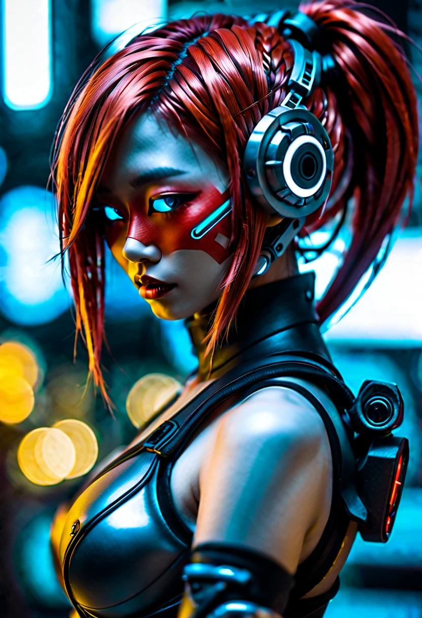 cyberpunk bar, sexy erotic Asian cyborg with braided metallic red hair and glowing eyes, best quality, super detailed, 16k, plastic sci-fi half mask only over mouth