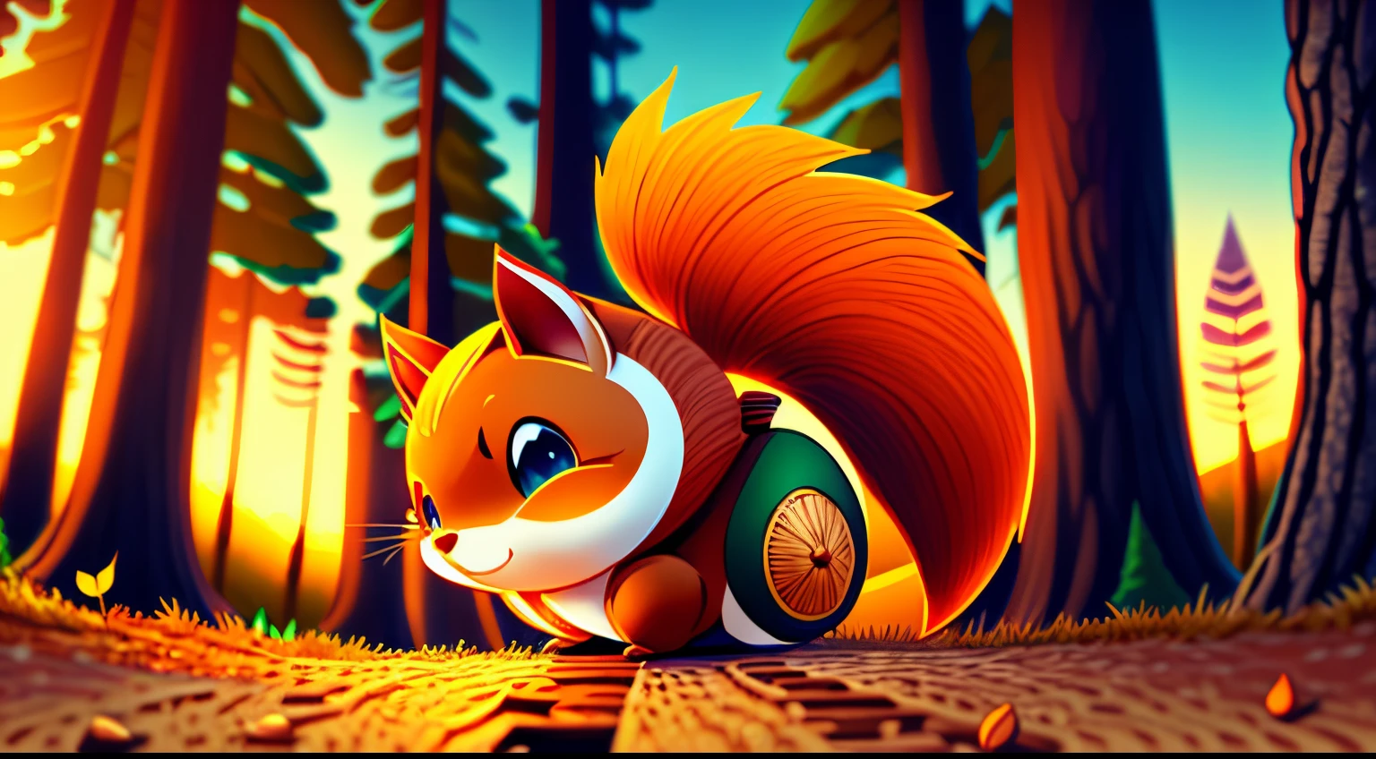 top quality Anime-style colored illustration of an anthropomorphic acorn rolling down a slope. enchanted forest on blurred background , Sunset, 3D, 4K, 32K, full HDR, Real image, By Sora