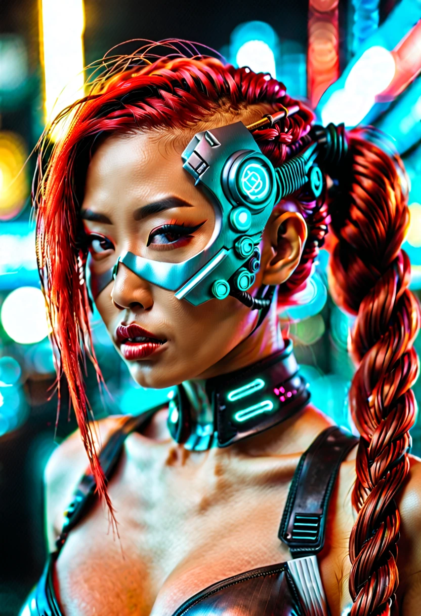 cyberpunk bar, sexy erotic Asian cyborg with braided metallic red hair and glowing eyes, best quality, super detailed, 16k, plastic sci-fi half mask only over mouth