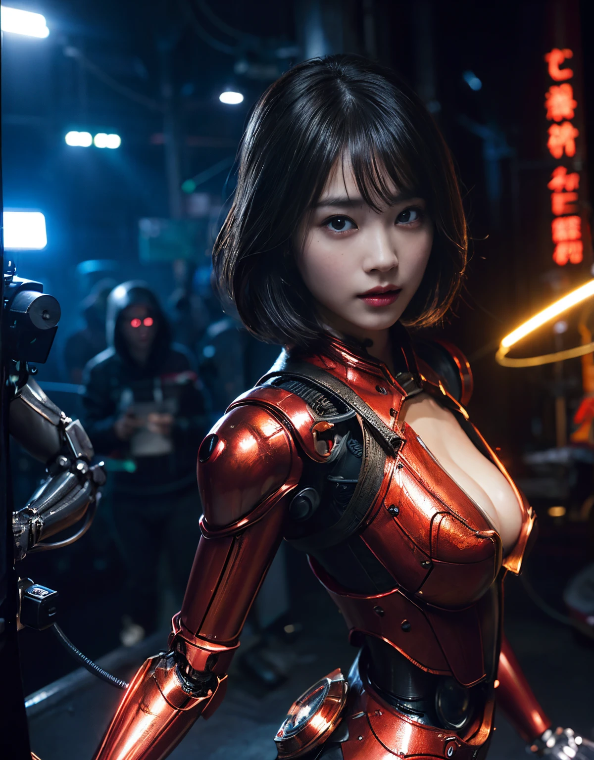 (1 Mechanical Girl)、(Mystical expression)、top-quality、masterpiece、超A high resolution、(Photorealsitic:1.4)、Raw photo、女の子1人、glowy skin、(((1 Mechanical Girl)))、(Red Metal Bodysuit)、(alien background、futuristic alien background)、(Small LED)、((super realistic details))、vertical giant monster background),globalillumination、Shadow、octan render、8K、ultrasharp、Robot background、Colossal tits、Raw skin exposed in the cleavage、red metal、Details of complex ornaments、Japan details、highly intricate detail、Realistic light、(Mystical expression),CG Society Trenlow Eyes、Eyes shining towards the camera、Mechanical marginal blood vessels connected to neon detail tubes)、(Wires and cables connecting to the head)、Small LED、,Mechanical thighs、Toostock、(Hands are also made of machines)、机器人、future alien、Please wear a mechanical helmet、