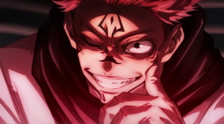 a man with red hair, one eye closed, evil smile