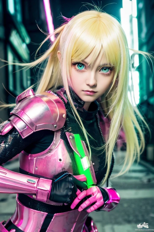 Bright Blonde full armoured girl, shiny pink eyes, with a green cyberpunk sword fighting, in a destroyed city
