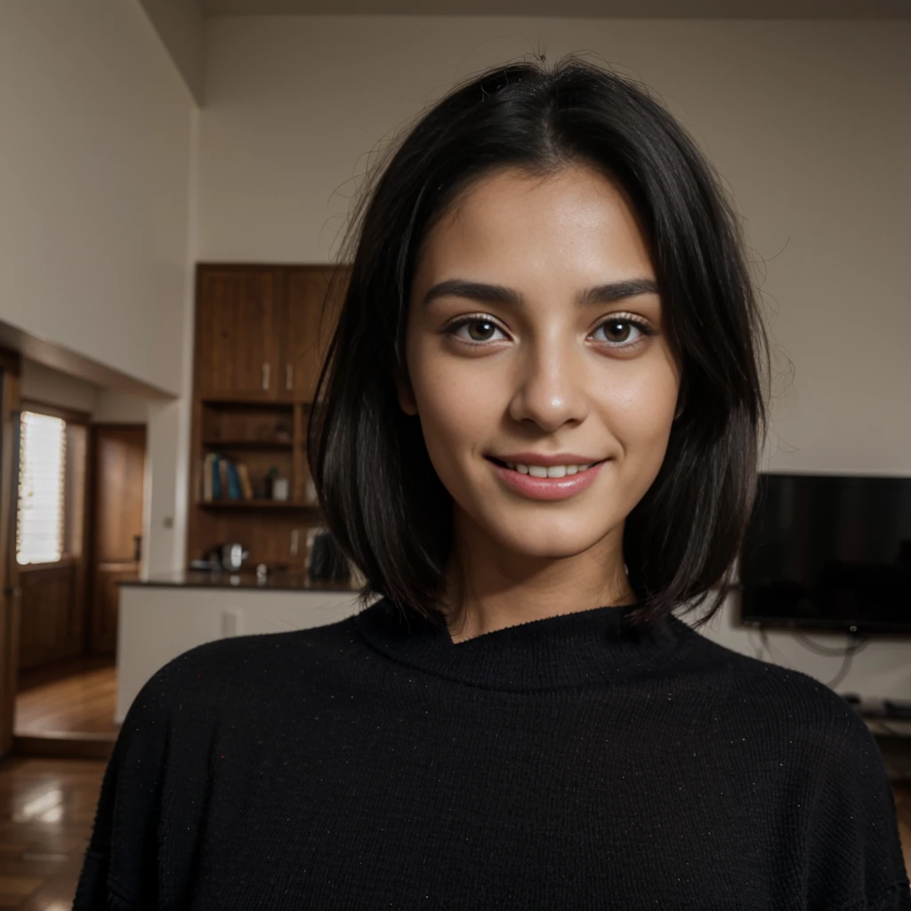 28 years Italian model, 8k, wearing felpa lunga, black hair, selfie iPhone 14, at home, imperfect skin, magnetic face, 8k, iper realism, smiling.