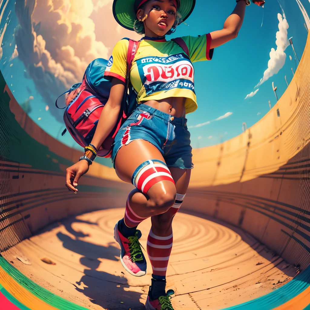 Step into a visually descriptive and detailed world with a fisheye lens 2.0 view of an African woman in a colorful hiphop outfit, her cap adding a touch of street style as she jumps from the ground, the bursting colors beneath her feet creating a stunning and unique image. --auto --s2