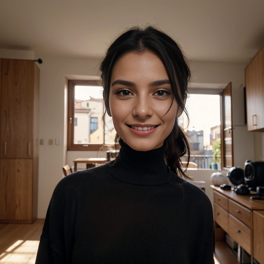 28 years Italian model, 8k, wearing felpa lunga, black hair, at home, imperfect skin, magnetic face, 8k, iper realism, smiling.