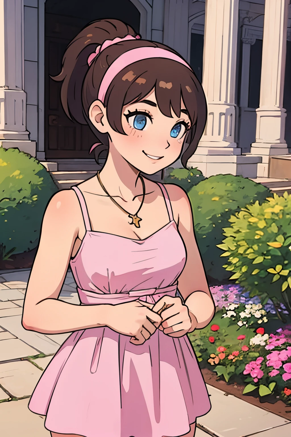 brown hair, medium hair, ponytail, pink Hairband, blue eyes, bare arms, pink dress, little pink dress, golden necklace, smile, cowboy shot, standing, garden, outside the mansion, columns, beautiful, best quality, close up.