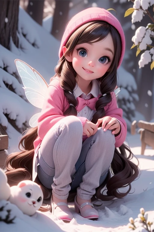 masterpiece, best quality, awinter fairy smiling, slouching on a frozen flower, blue smokey eyes make up, hair bow, pumps, night sky, magic lights floating around, falling_snow,