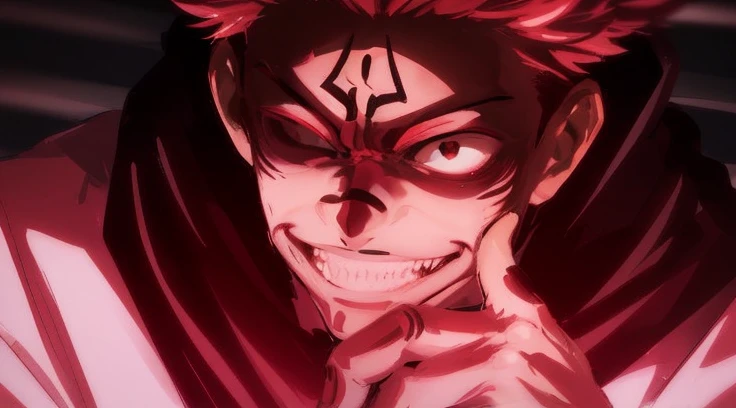 a man with red hair and a black face and a red hoodie, a devilish grin on his face, joker looks like naruto, evil grin, jujutsu kaisen, evil villain grin, villain wearing a red oni mask, large eyes and menacing smile, overlord!!!, miura, smiling maniacally, closeup!!!!!!