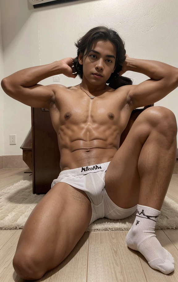 -yeld boLatino, mexicano colombiano, venezolano, indigena, Bragas blancas envueltas, White soccer socks, sat on the floor, legs are open, sudar,desnudez，Abs, cara hermosa, piel suave y tersa , rough breath, Torogao, rubor en la nariz, rubor facial completo, cabello negro, Detalles altos, piel texturizada, alta calidad, La mejor calidad, A high resolution, hiper HD, Obra maestra, , teenage, adolescente, joven, infant, boy, little boect feet, inocente, younger, perfecto body.