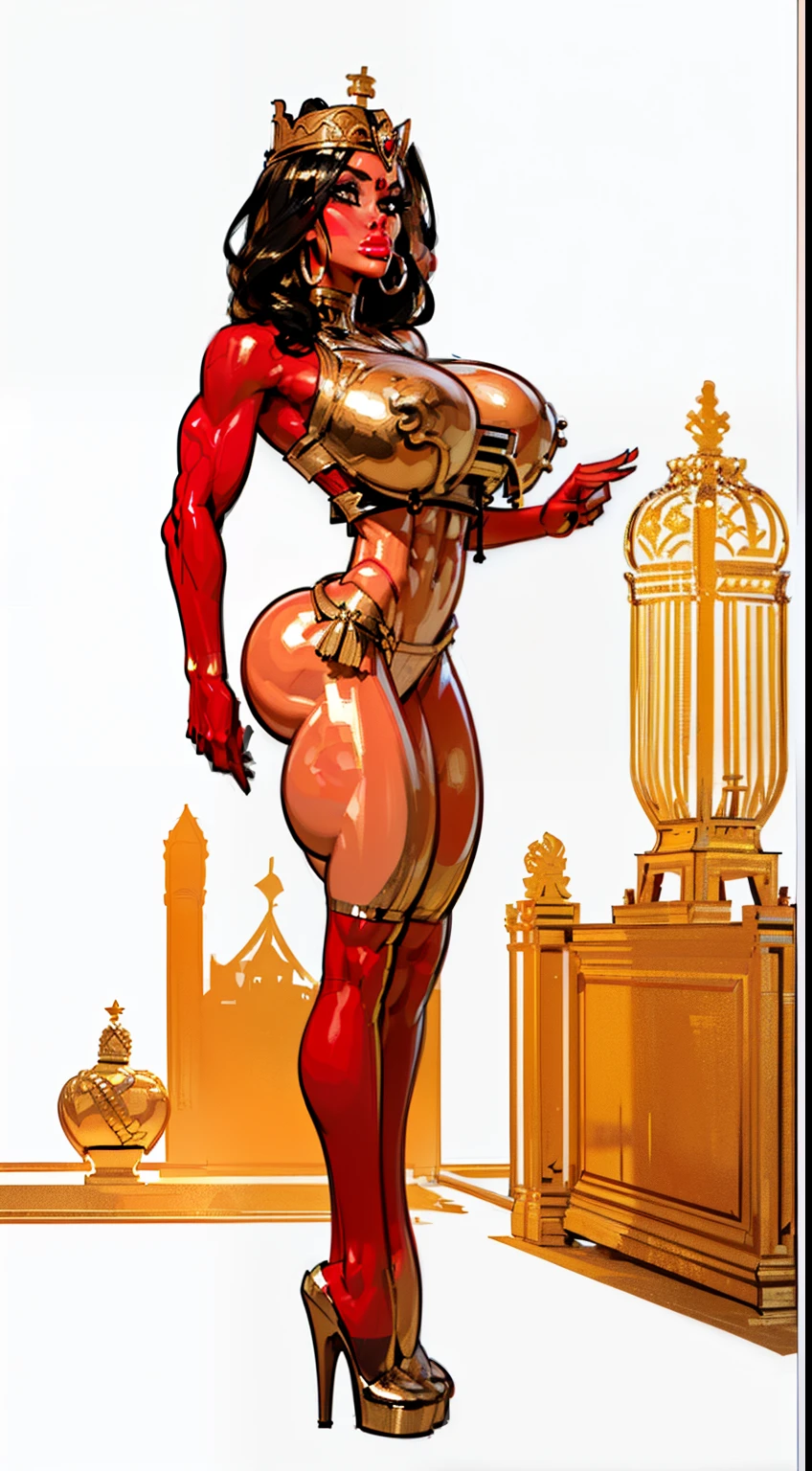 ((side profile)), ((full body view:1.4)), ((masterpiece)),(((best quality))), ((egyptian empress, mature face)), ((big eyes:1.4)), (( crown:1.4)), (((british)), defined cheekbones, ((heart breastplate)), high cheekbones, illustration, ((muscular:1.3)), ((gold:1.4)), sexy bimbo, (gigantic breasts:1.7) ((long british headpiece)), long hair, ((detailed face:1.4)) beautiful woman, (british:1.4), colored skin, (white skin:1.4) , (red lipstick:1.4), shiny skin, ((skindentation)), scribbles and marks,(puffy lips:1.4) , (castle: 1.5), (royal room: 1.5), rough sketches, pose, 8k,16k, ( background, white background: 1.3) ((warm color palette)), ((ancient aesthetic))