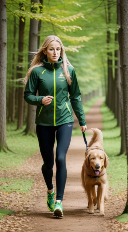 Blond woman, long hair walking, forest, dog, flatcoat retriever, relastic, very good quality, sportive, running, green, tree