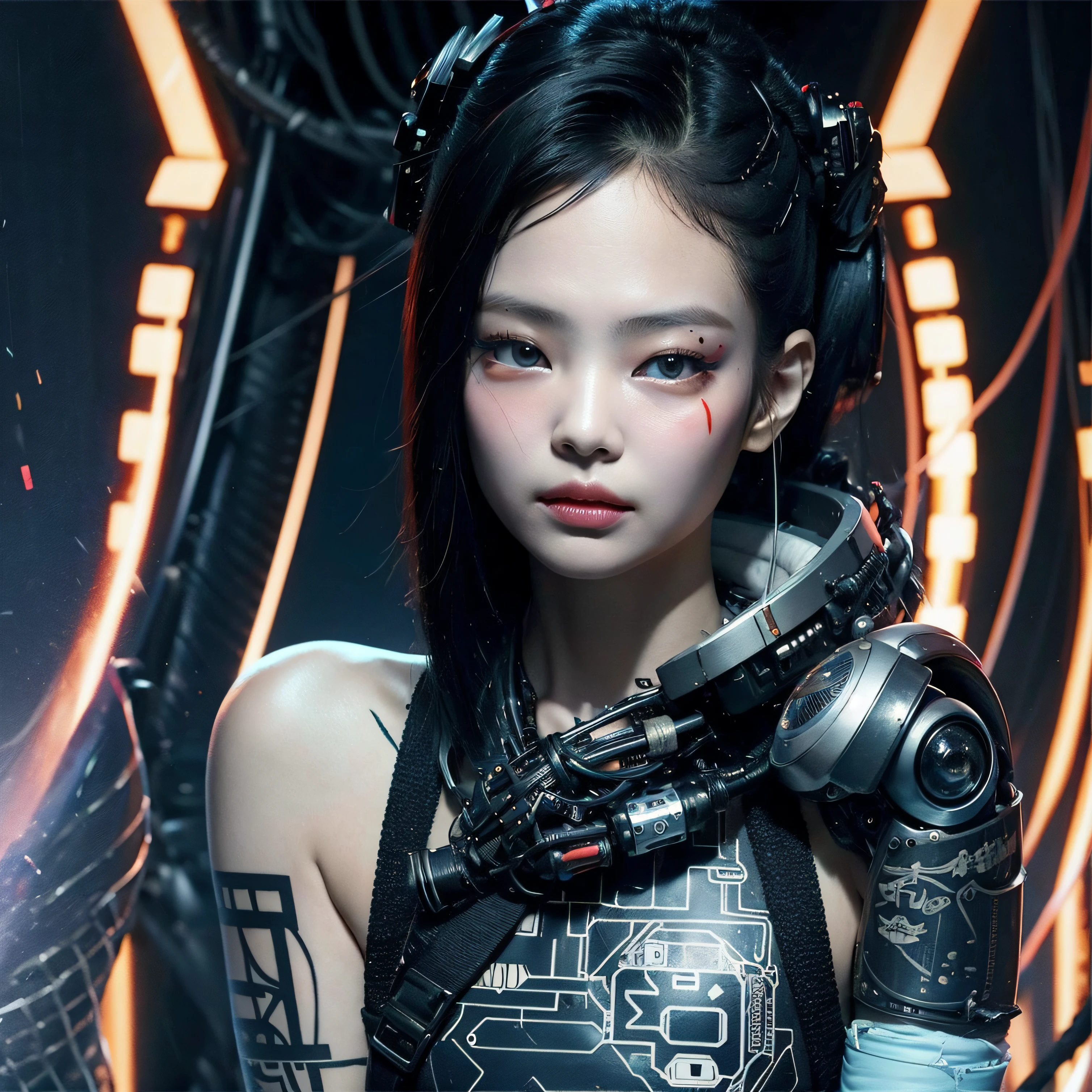 Cyberpunk, damged, robot, dead robot, wires, lose a part of her face in war, wires came out in the lose part of face, trashed, cyberpunk damged, trashed in a big garbge, black hair, tattoo on a part of her face, cyber tattoo, numbers, tattoo on her sholder and neck. Japanis face girl, robot clothes with wires, painting style, vanvas texture, brush strokes, jennie kim,