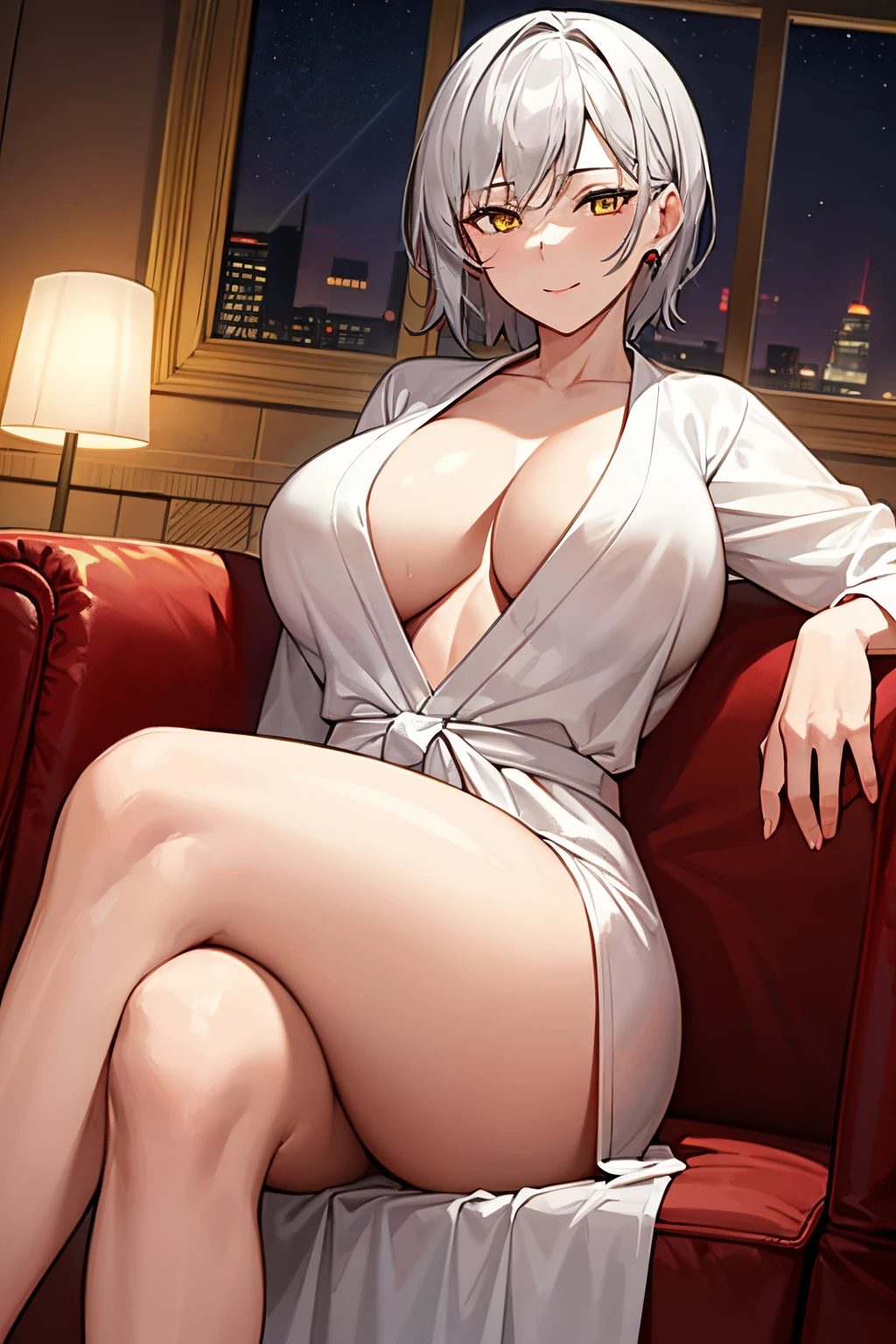 1girl, mature woman, milf, huge breasts, sitting on sofa, living room, red sofa, crossed legs, nighttime, wide hips, smile, short hair, silver hair, yellow eyes, motherly, gentle expression, naked bathrobe, desk lamp, 8k, masterpiece