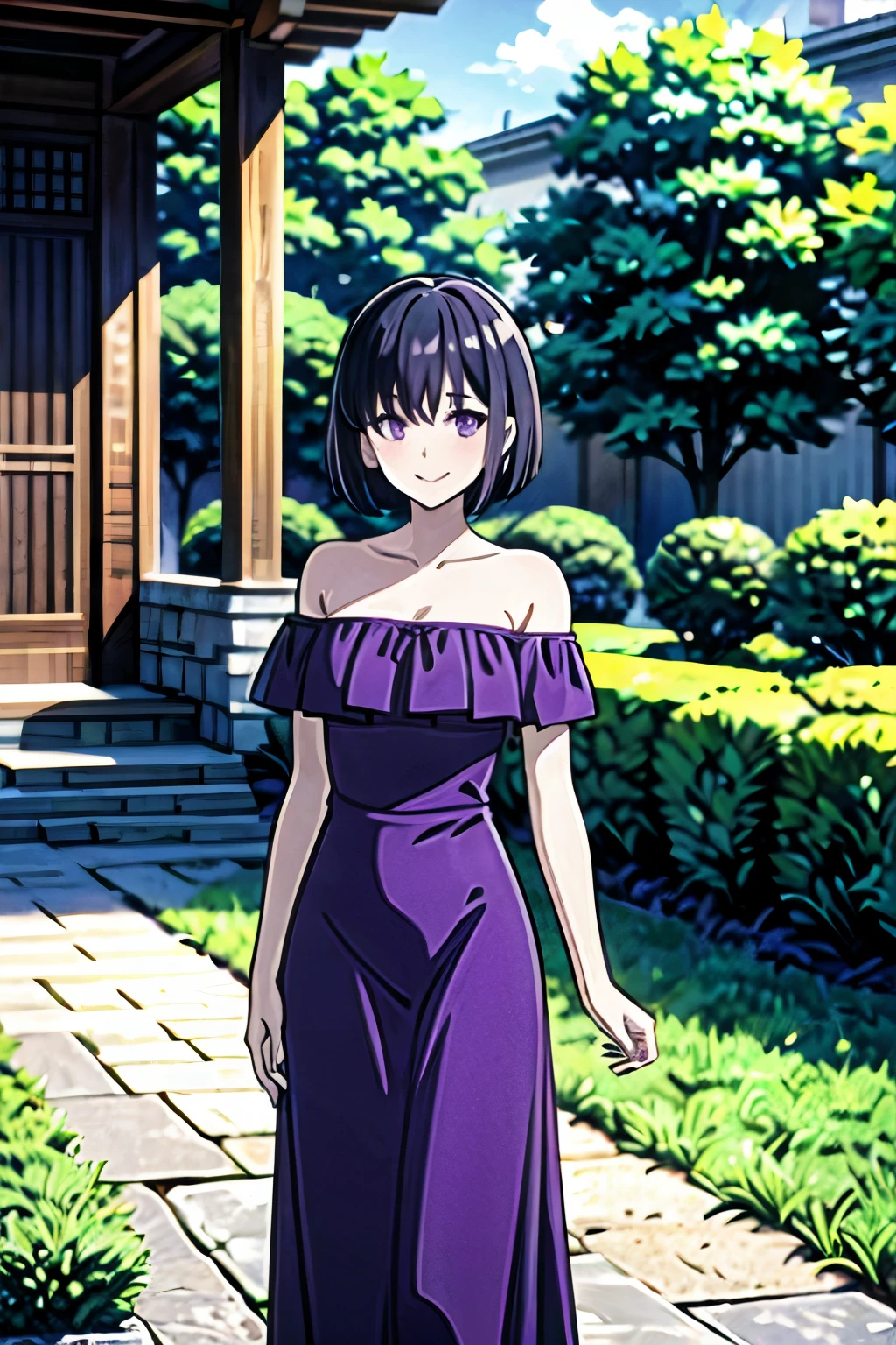 Best quality, masterpiece, Teenager, Hotaru Tomoe, Short Hair, Black Hair, Bob Hair, Bob Haircut, Purple Eyes, Smile, Bare Neck, Bare Arms, Bare Shoulders, Purple Dress, Strapless Purple Dress, Lace Off-shoulder top, Ruffle Off-the-Shoulder Top, Maxi Dress, Outside the Mansion, Looking at You, daytime, garden background, standing up