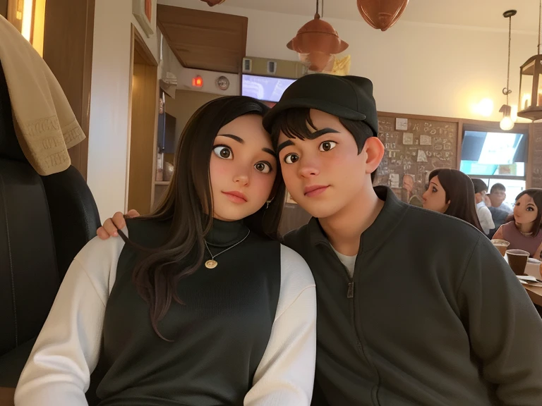 They are posing together for a photo in a restaurant., inspirado por Ion Andreescu, Jordan Grimmer y Natasha Tan, imagen de muy muy muy baja calidad, por Emma Andijewska, son hermanos, Tyler Edlin y Natasha Tan, Julia Hetta, taken in the early 2020s, Sakimichan y Frank Franzzeta