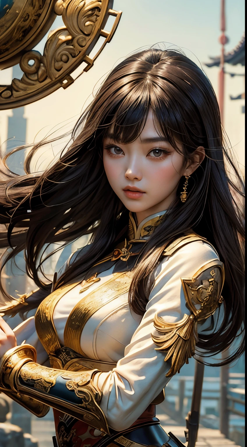 1 woman, beautiful chinese woman, 25 years old, long hair with bangs, porcelain skin, smaller head, brown eyes, round breasts, traditional Chinese armor, masterpiece, ultra HD, realistic masterpiece, blurred background, dynamic poses, thin lips, perfect hands, perfect eyes, perfect face, perfect details, sharp focus, dynamic angle