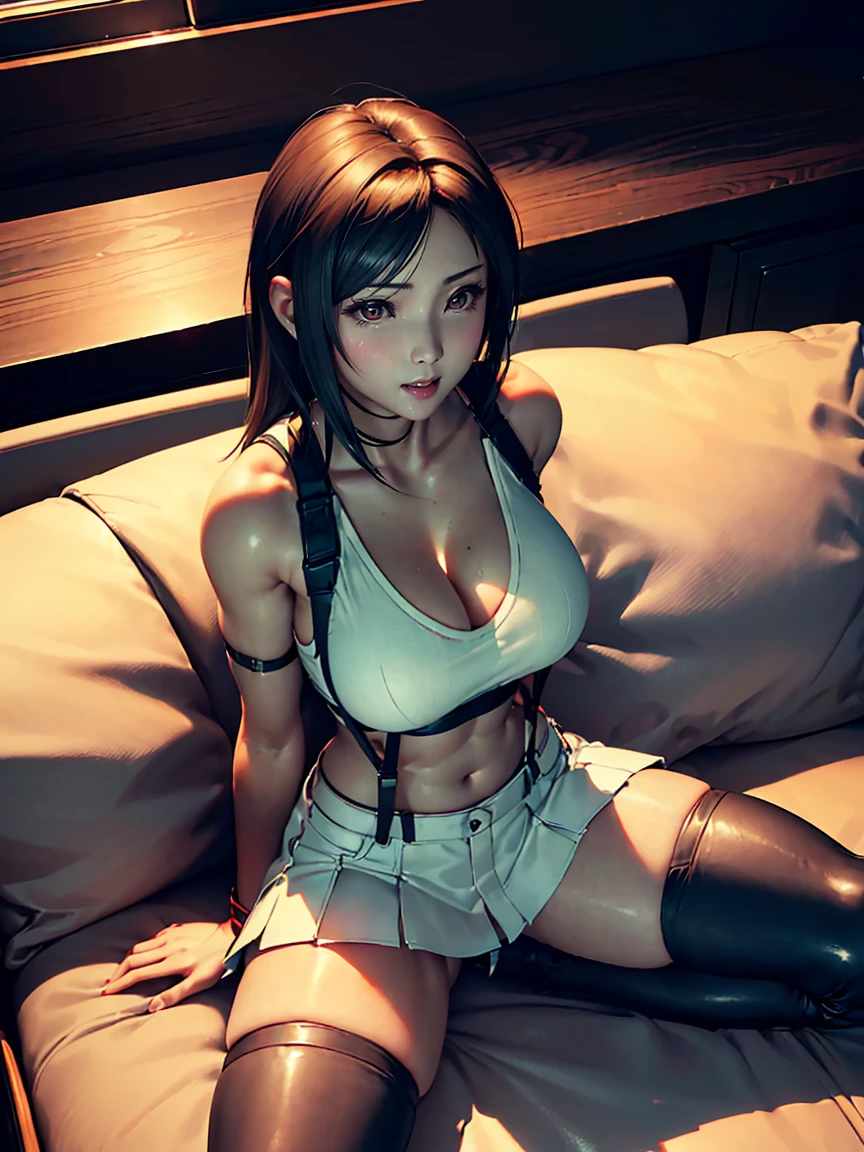 (top-quality, (Ultra high definition,4K), (超A high resolution:1.3, in 8K),masutepiece:1.2), (Angle from above), (Perfect Anatomy,Anatomically accurate), (Soft lighting, 光线追踪), (((Sitting on a sofa in the lobby of a luxury hotel, Sexy open legs))), ((Atifa_Lockhart like)), (Ruby-like red eyes), (large full breasts:1.6), Focus on cleavage, Close one eye, (energetic and healthy girl), (Photorealsitic), ((Bright lighting)), (White Sports Bra), (suspenders), ((Black leather miniskirt)), Watch viewers, (Crisp double eyelids), (fascinated expression), (Textured skin), (Soft skin)