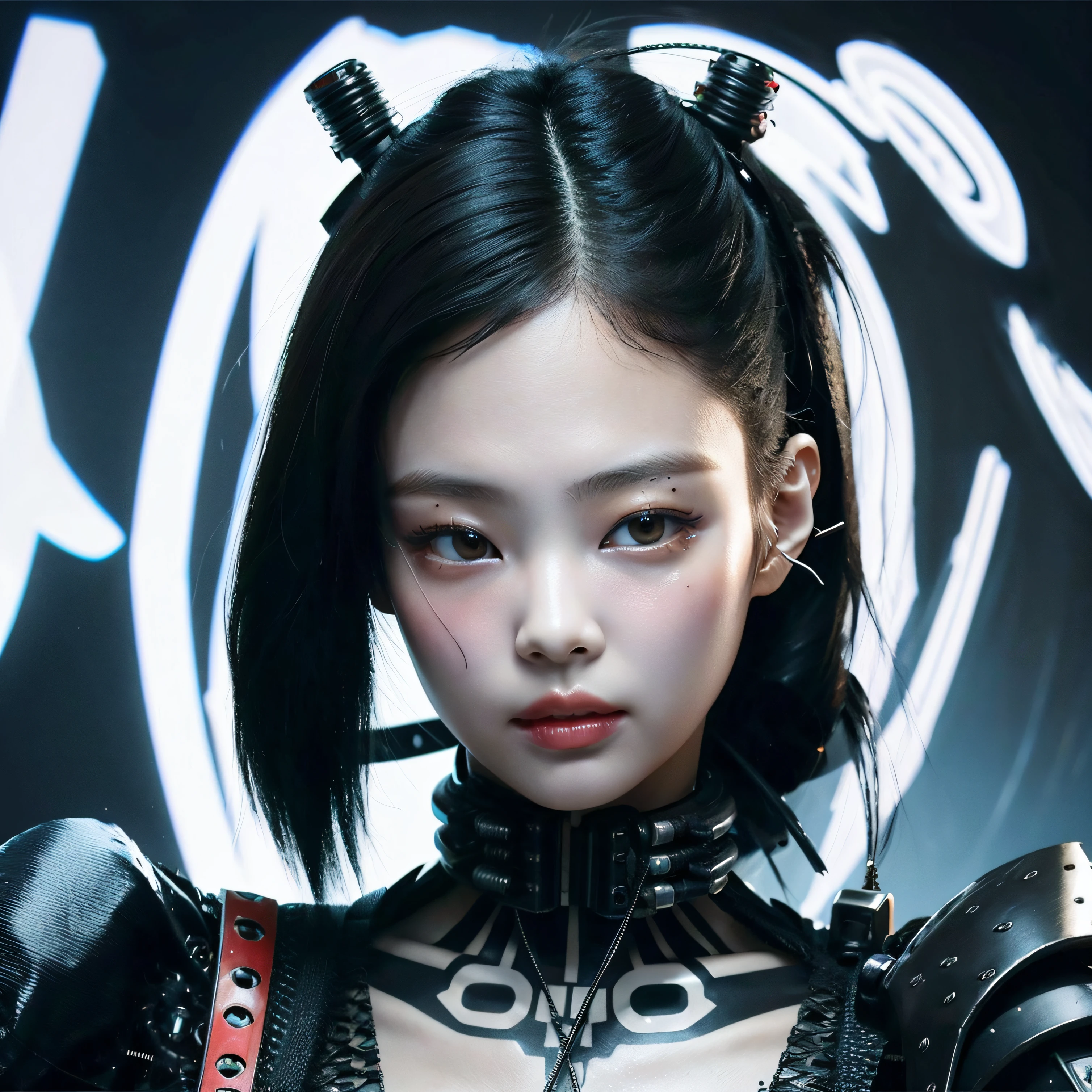 Cyberpunk, damged, robot, dead robot, wires, lose a part of her face in war, wires came out in the lose part of face, trashed, cyberpunk damged, trashed in a big garbge, black hair, tattoo on a part of her face, cyber tattoo, numbers, tattoo on her sholder and neck. Japanis face girl, robot clothes with wires, painting style, vanvas texture, brush strokes, jennie kim,