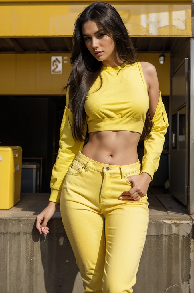 an realistic image of beautiful girl, wearing trendy sexy yellow outfit, in jeans, in a nostalgic background, model pose, realistic photography, perfect figure, photorealistic, long black hairs, photorealistic, skin tone