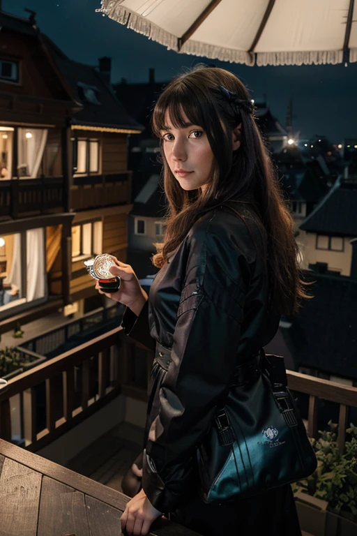 (Meisterwerk, best quality, hight resolution:1.4), Tapete, full entire body, 1girls, Lange Haare, (blaues Haar:1.0), (schwarzes Haar:1.0), green eyes, mehrfarbiges Haar, Haar mit Farbverlauf, kleine Brust, zur Seite gerichtet, Yukata , Party-Popper halten, Nacht, Haarspange, Pony, Sektglas in der hand, licht leicht gedimmt, auf einer terasse in einem hochhaus.