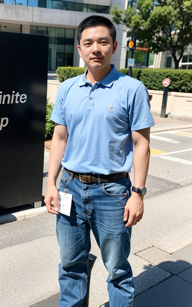 Chinese man stands in front of a sign that says "Infinite Jump", wearing a shirt and a jean, qichao wang, Wearing pants and T-shirt, qifeng lin, Wear a light-colored shirt, wenjun lin, User photo, Full body photo, fully body photo, jinyiwei, justin sun, Wearing a polo shirt, huifeng huang