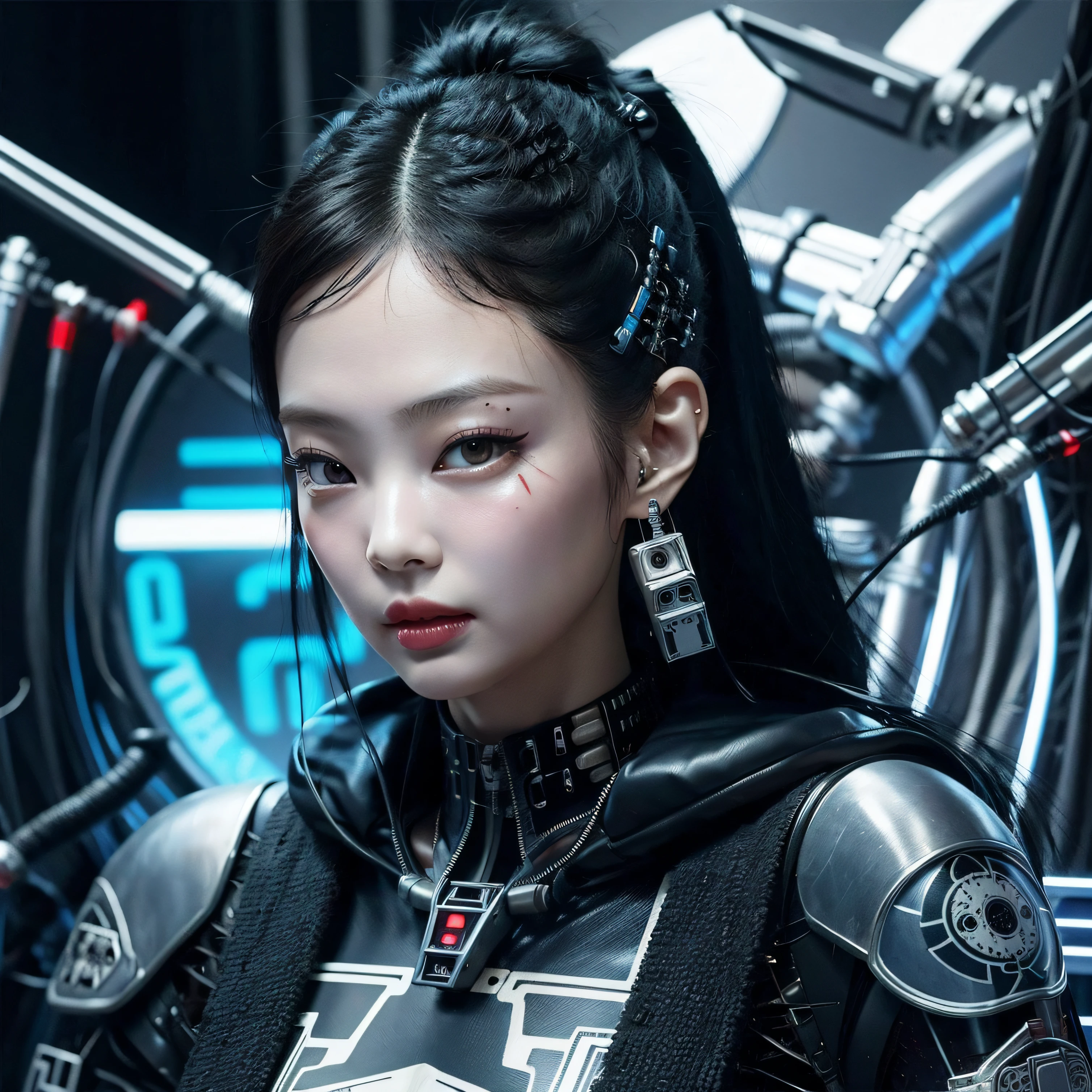 Cyberpunk, damged, robot, dead robot, wires, lose a part of her face in war, wires came out in the lose part of face, trashed, cyberpunk damged, trashed in a big garbge, black hair, tattoo on a part of her face, cyber tattoo, numbers, tattoo on her sholder and neck. Japanis face girl, robot clothes with wires, painting style, vanvas texture, brush strokes, jennie kim,