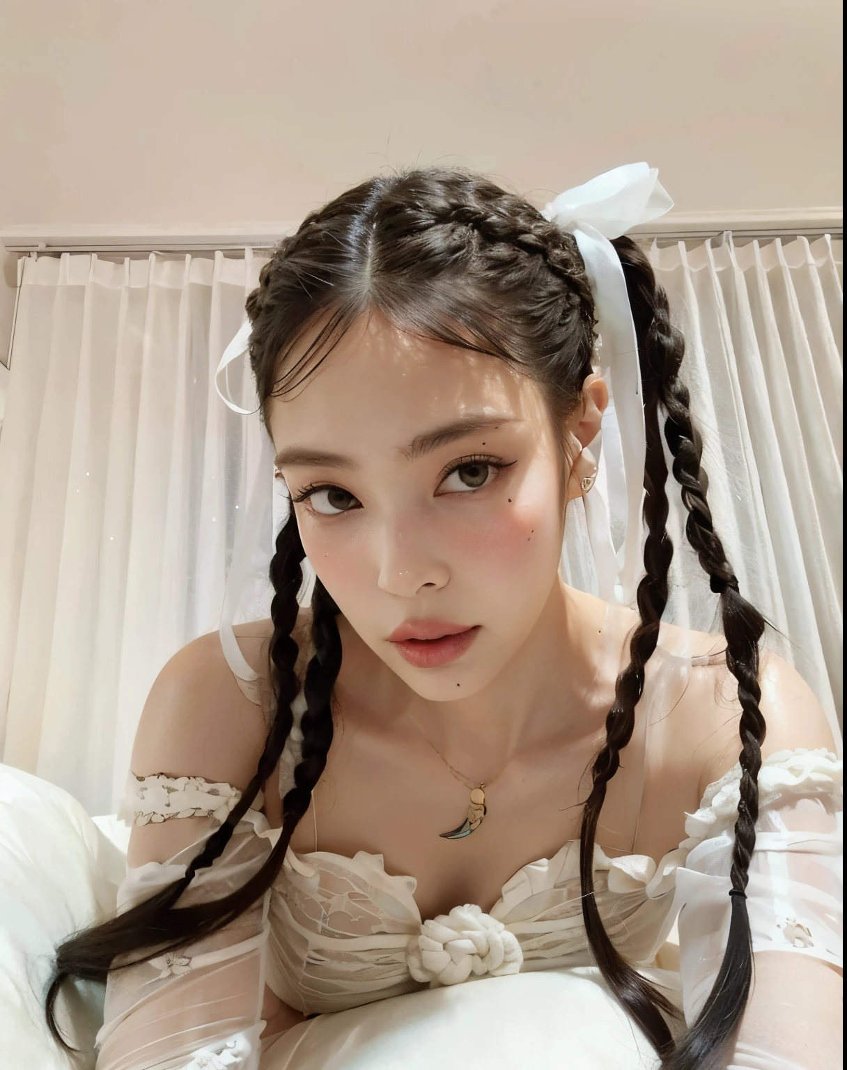 there is a woman with long hair and a white dress, Hairstyle Braids, Two Hairstyles Braids, com rabo-de-porco preto, Cabelo de rabo de porco, penteado twintails, plaits, pelos em rabos de porco, braid braids, pigtail, Ela parece uma mistura de Grimes, rabo de porco longo, parece uma mistura de grimes, pelos curtos de rabo-de-porco