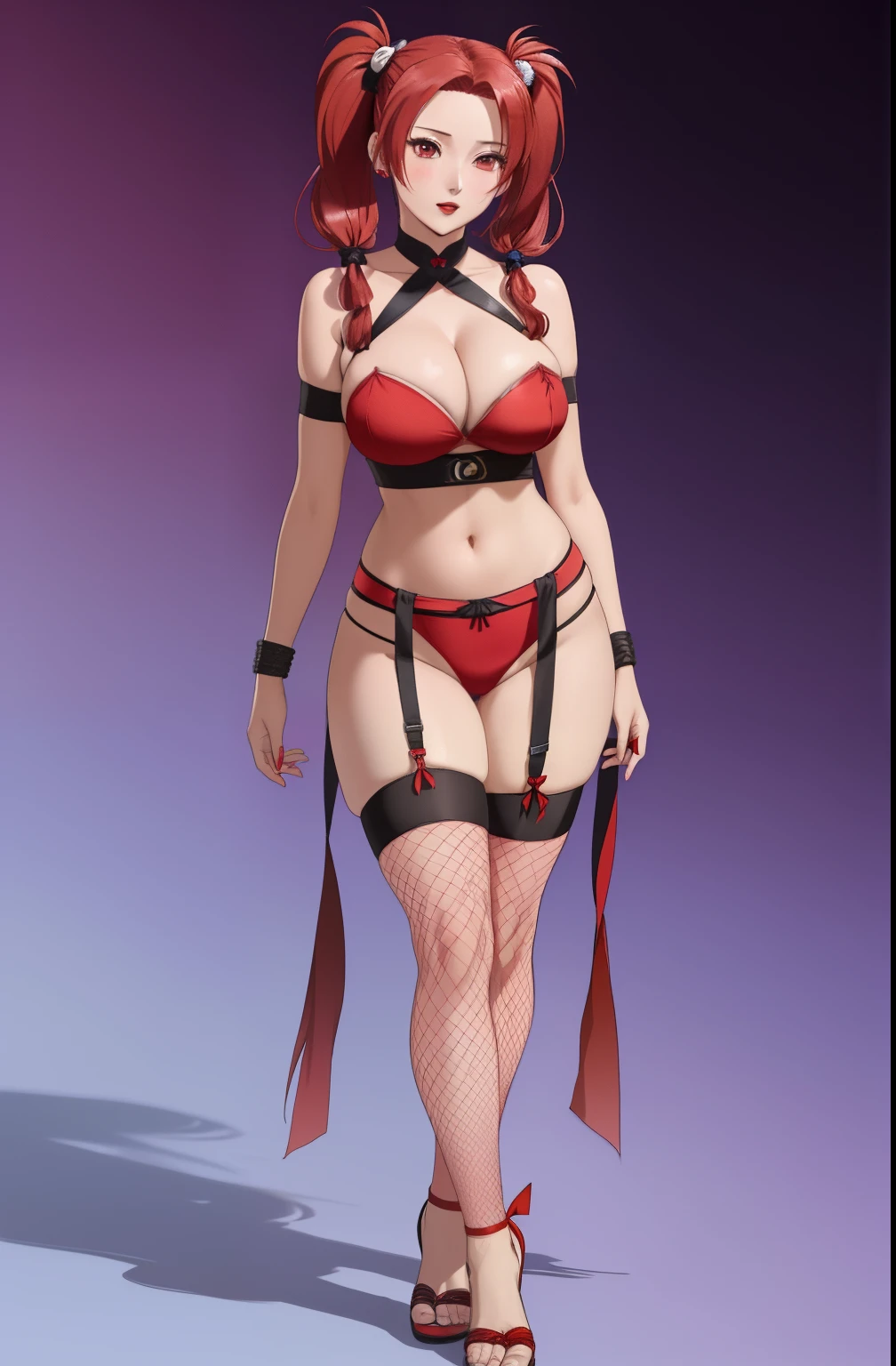 (masterpiece, best quality, ultra-detailed, ultra-HD, photorealistic, cinematic), (alluring anime girl, Temari of Naruto Shippuden anime), perfect body, perfect face, perfect hands, delicate face, (large cleavage:1.2), (round ass), (long round legs), (wide shot, full body view:1.5), (red hair in 4 consecutive pigtails:1.5), (single black-colored and off-the-shoulders garment that extended to halfway down her thighs, with a scarlet sash tied around her waist), (incorporating fishnet worn over her shoulders and legs, specifically on her right calf and her left thigh), (sexy pose, side view), (gradient background:1.5), (red eyes, detailed pupils, blushing, slightly parted lips, red lips), arms wide open, barefooted