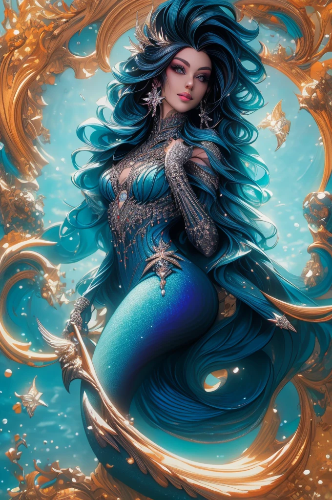 (Absurd, High Quality, Ultra Detailed, Careful With Hand) Mermaid, Mermaid Tail, Dreamy, Vivid, Romantic, Whole Body. Optimistic, Fair-Minded, hutless and Intellectual Face. Reckless, Cold-Hearted, Impatient, Overconfident Style. Mature, Dark black Eyes (Eyes Detail), Long black, dark mermaid. Hair, Deep black Hair with Bling Bling, In The Ocean, Water