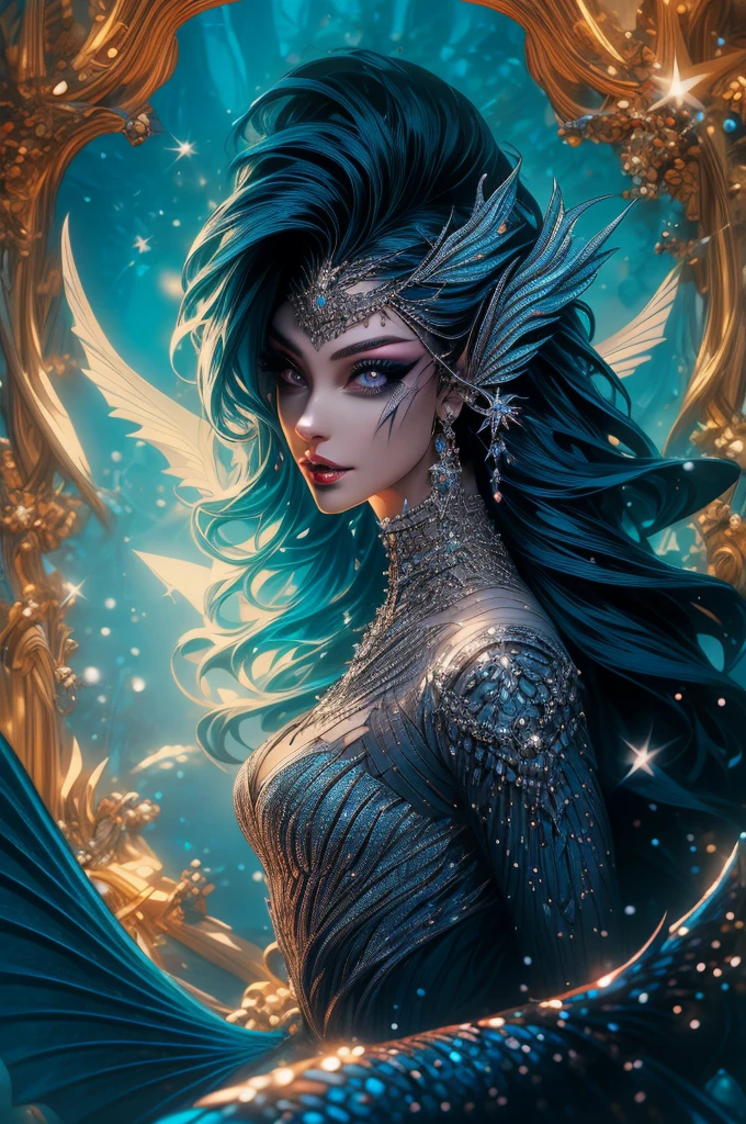 (Absurd, High Quality, Ultra Detailed, Careful With Hand) Mermaid, Mermaid Tail, Dreamy, Vivid, Romantic, Whole Body. Optimistic, Fair-Minded, hutless and Intellectual Face. Reckless, Cold-Hearted, Impatient, Overconfident Style. Mature, Dark black Eyes (Eyes Detail), Long  black, dark mermaid. Hair, Deep black Hair with Bling Bling, In The Ocean, Water