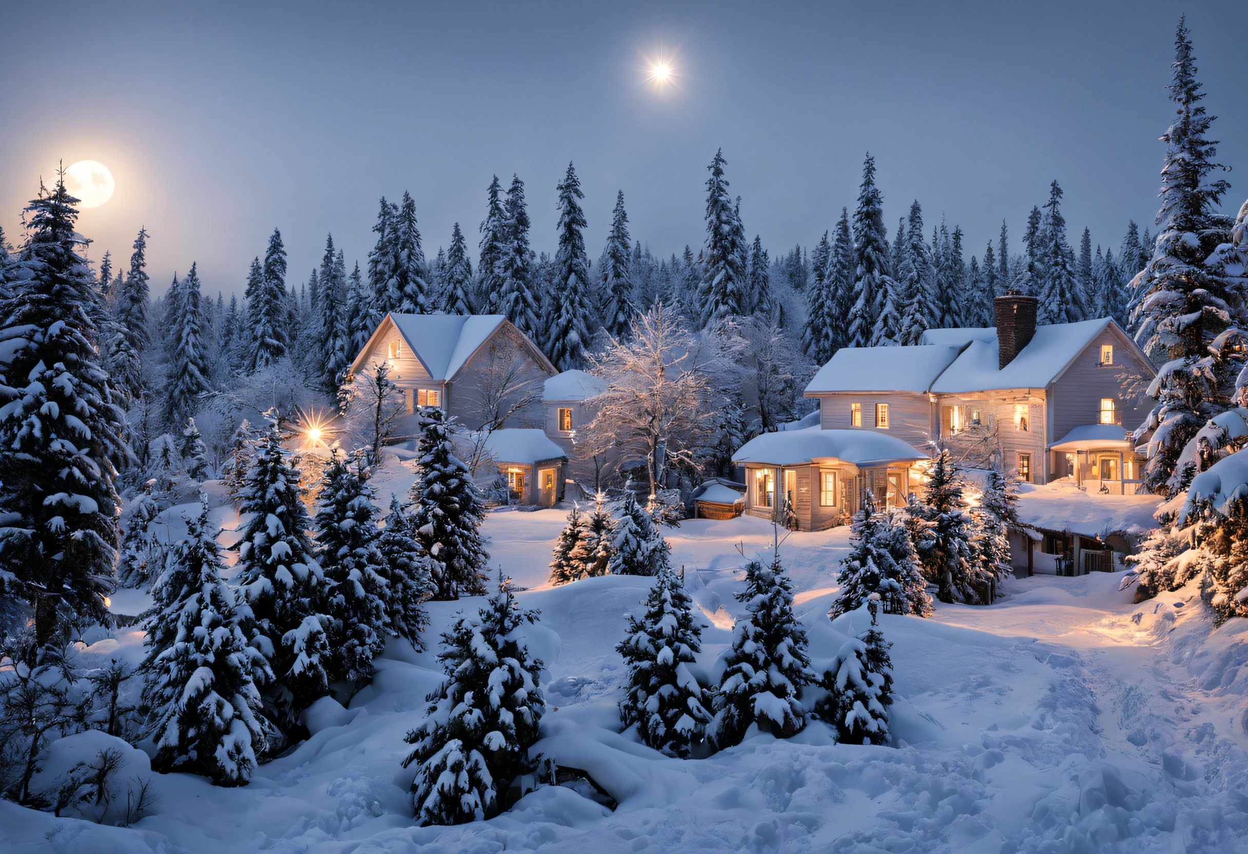 (best quality,4k,8k,highres,masterpiece:1.2),ultra-detailed,(realistic,photorealistic,photo-realistic:1.37),winter wonderland in a village with wooden houses,snow-covered scenery,cozy atmosphere,peaceful,serene,quiet,twinkling lights,smoke rising from chimneys,snowflakes gently falling from the sky,soft powdery snow on trees and rooftops,frosted windows,frozen pond with ice skaters,enchanting,whimsical,candlelit windows,children building snowmen,sleigh rides,horse-drawn carriages,jingling bells,crisp air,steaming cups of hot cocoa,roaring fireplace,woolen scarves and mittens,ice crystals reflecting sunlight,icy breath,full moon shining brightly,icy branches glistening,magical,ethereal,sparkling stars,glowing lanterns,wooden sleds leaning against houses,crunchy footsteps in the snow.