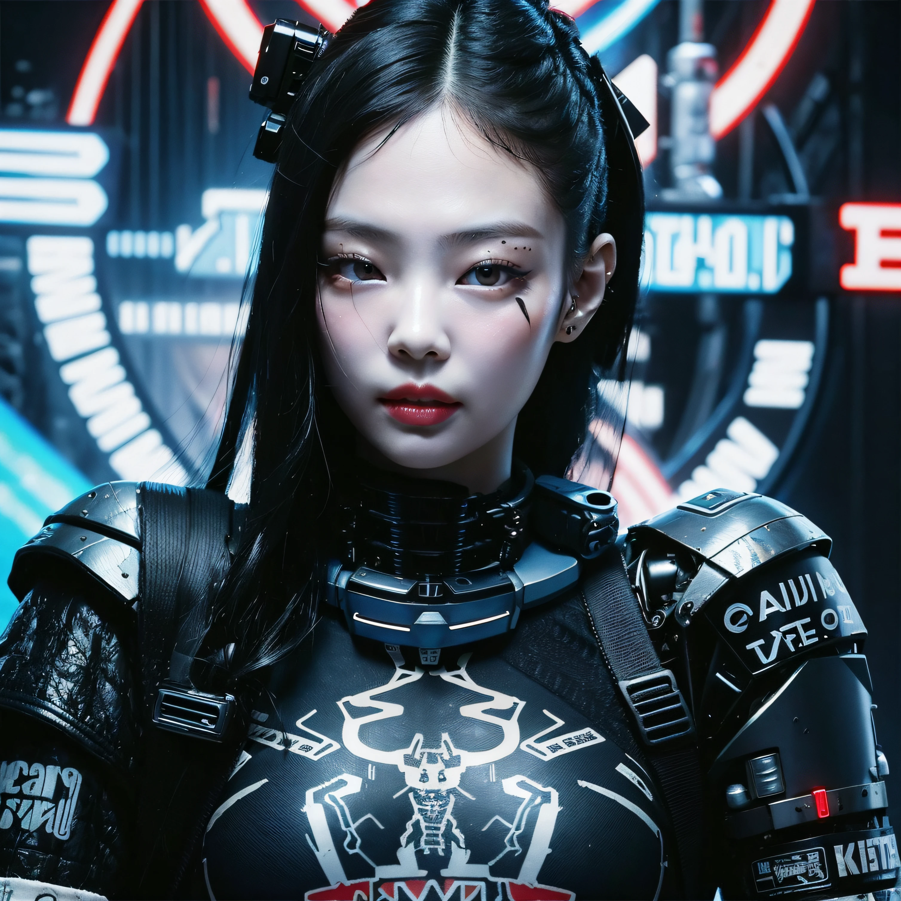 Cyberpunk, damged, robot, dead robot, wires, lose a part of her face in war, wires came out in the lose part of face, trashed, cyberpunk damged, trashed in a big garbge, black hair, tattoo on a part of her face, cyber tattoo, numbers, tattoo on her sholder and neck. Japanis face girl, robot clothes with wires, painting style, vanvas texture, brush strokes, jennie kim,