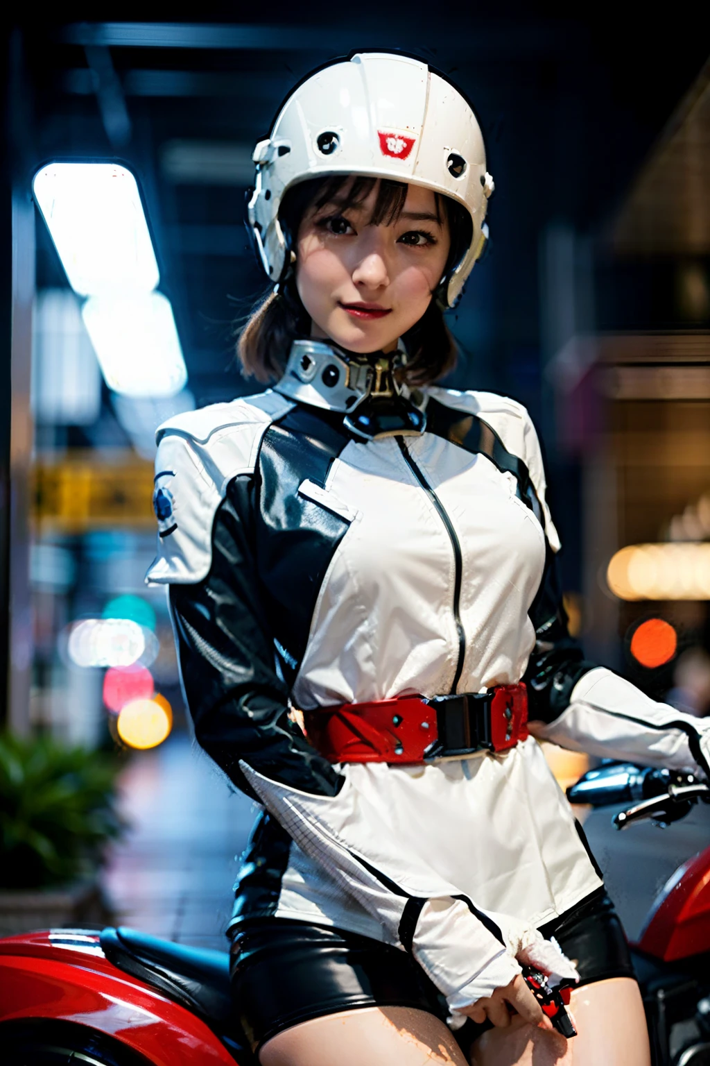 Highest image quality, excellent details, Ultra-high resolution, (fidelity: 1.4), The best illustrations, favor details, Highly condensed 1girl, with a delicate and beautiful face, Dressed in red and white mecha, Wearing a mecha helmet, holding a directional controller, riding on motorcycle, Small face、the background is a high-tech lighting scene of the futuristic city.