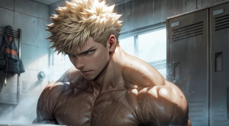 (best quality,4k,highres,masterpiece:1.2),ultra-detailed,realistic:1.37,men Bakugou Katsuki,locker room,taking off clothes,handsome,athletic build,wet bodies,sweat glistening on skin,glistening muscles,rippling abs,shadows and highlights,toned backs,broad shoulders,defined jawlines,piercing eyes,dripping water drops,wet hair,sensuous lips,confidence,masculinity,charismatic smiles,eyes filled with intensity,locker decorations,steam in the air,moisture on mirrors,dimmed lighting,strong contrast,body tattoos,sleek and modern lockers,luxurious bench,shower area in the background,stainless steel accessories,steam rising,exhaust fan noise,intriguing composition,blue color tones,spotlights casting dramatic shadows,professional sports club atmosphere