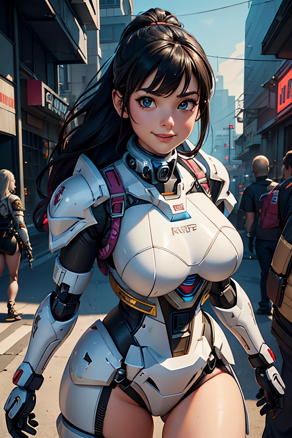 Beautiful hyperrealistic photograph of cute smiling white woman cyberpunk female, (((wearing full heavy mecha armor, combat harness))) shapeless cyberpunk hairstyle, (((dynamic pose))), cyberpunk street background, abstract beauty, near perfection, pure form, Golden Ratio, concept art, By Brian Froud and Carne Griffiths and Wadim Kashin, intricate detail, 8k post-production, High resolution, super Detail, trending on ArtStation, sharp focus, studio photos, intricate detail, Very detailed, By Greg Rutkowski