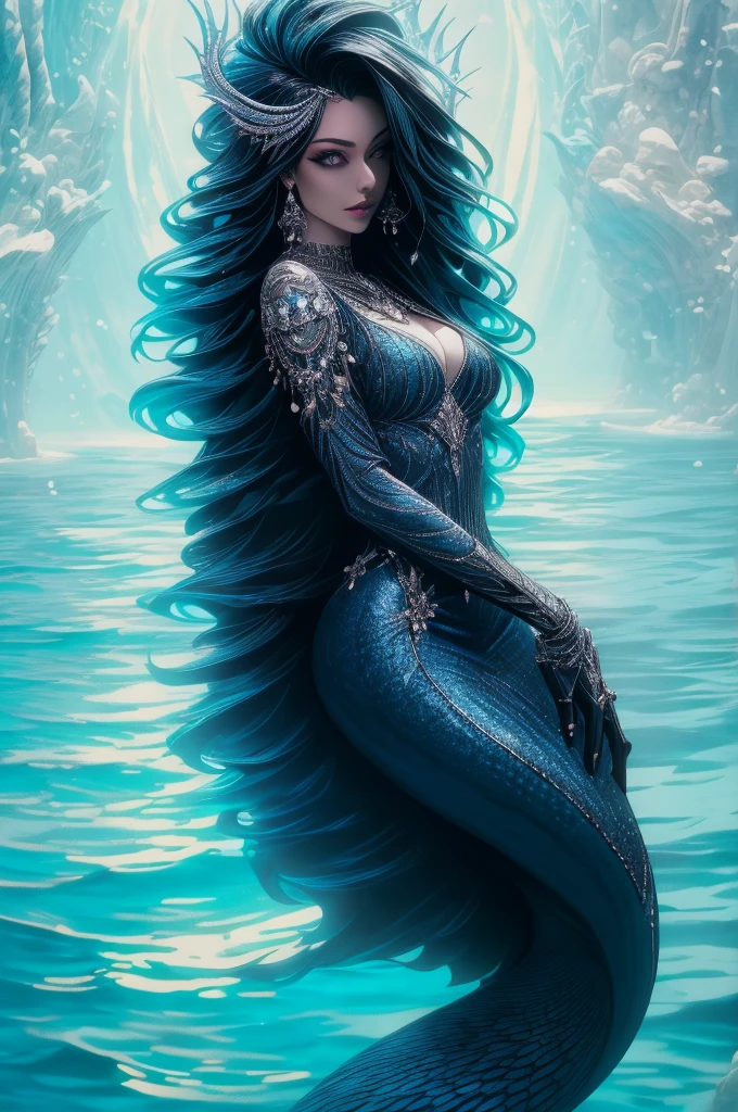 (Absurd, High Quality, Ultra Detailed, Careful With Hand) Mermaid, Mermaid Tail, Dreamy, Vivid, Romantic, Whole Body. Optimistic, Fair-Minded, hutless and Intellectual Face. Reckless, Cold-Hearted, Impatient, Overconfident Style. Mature, Dark black Eyes (Eyes Detail), Long black, dark mermaid. Hair, Deep black Hair with Bling Bling, In The Ocean, Water